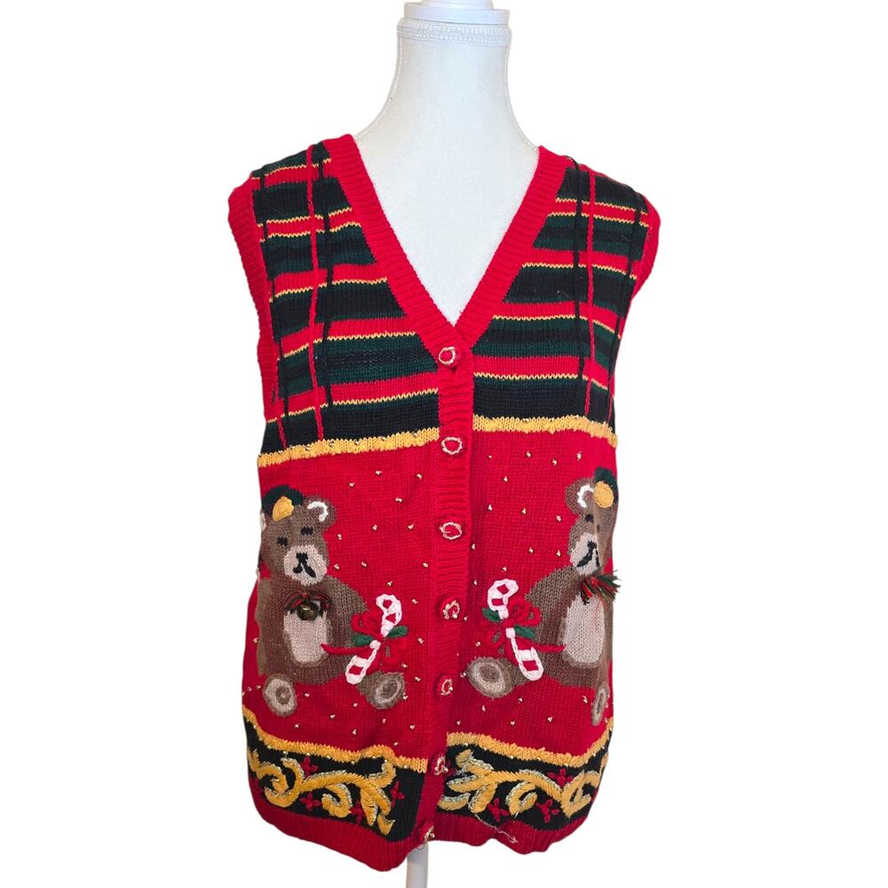 Carly St. Claire Ugly Christmas Sweater Womens Medium Bears Bows Red Button Vest